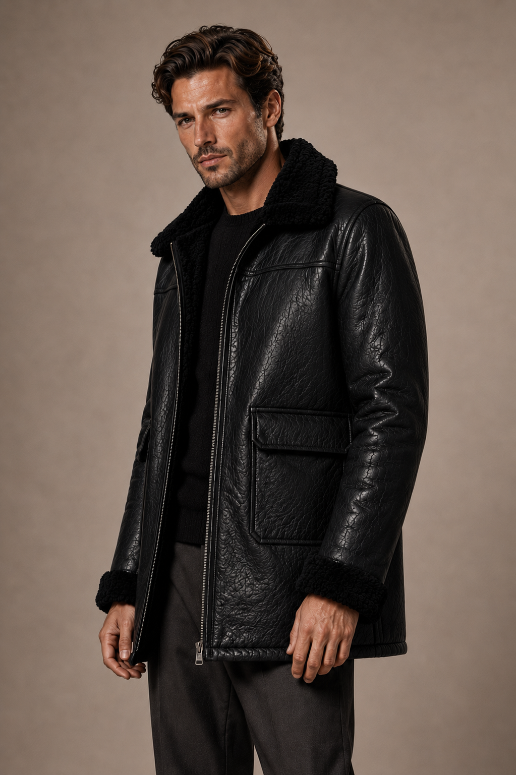 Amos Shearling Coat - Black Long