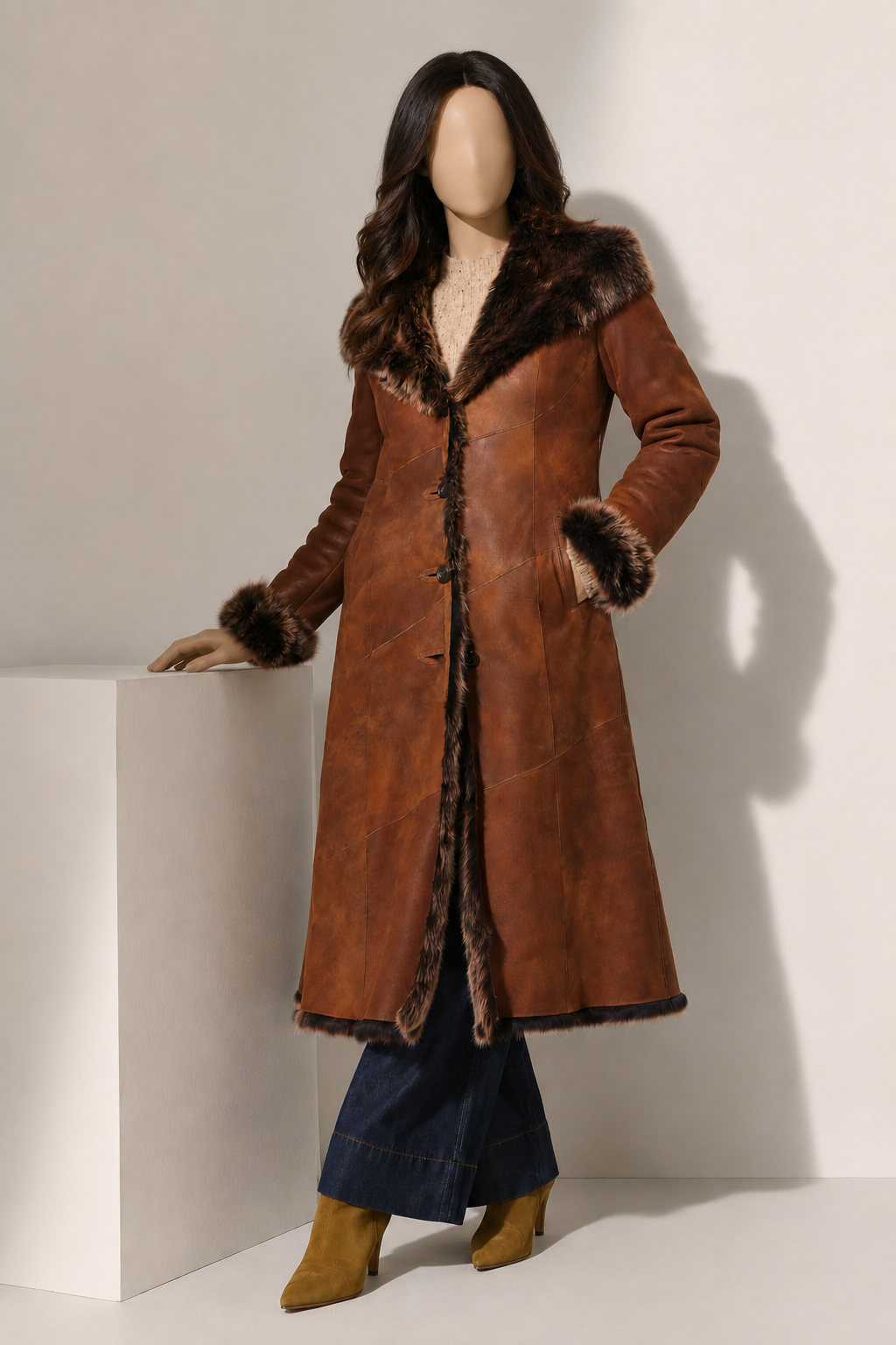 Carrie Shearling Coat - Cognac Brown - Carrie1