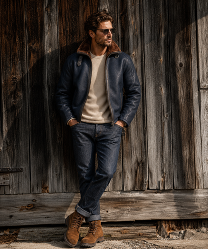 Harrison Shearling Jacket - Navy Blue