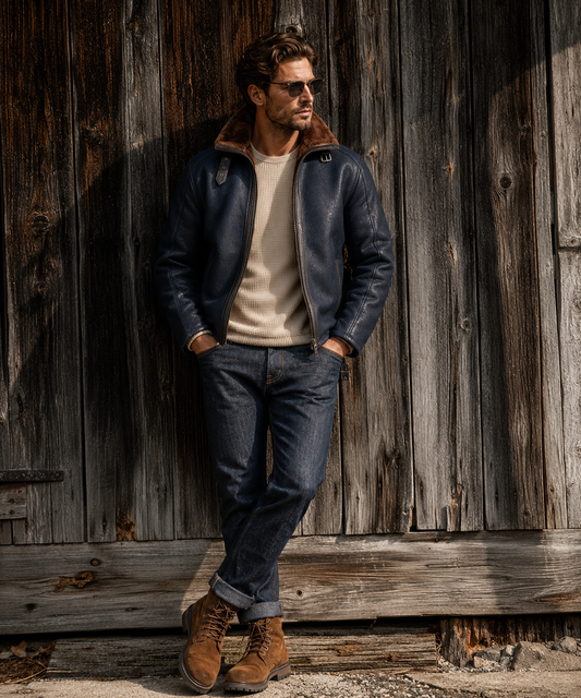 Harrison Shearling Jacket - Navy Blue