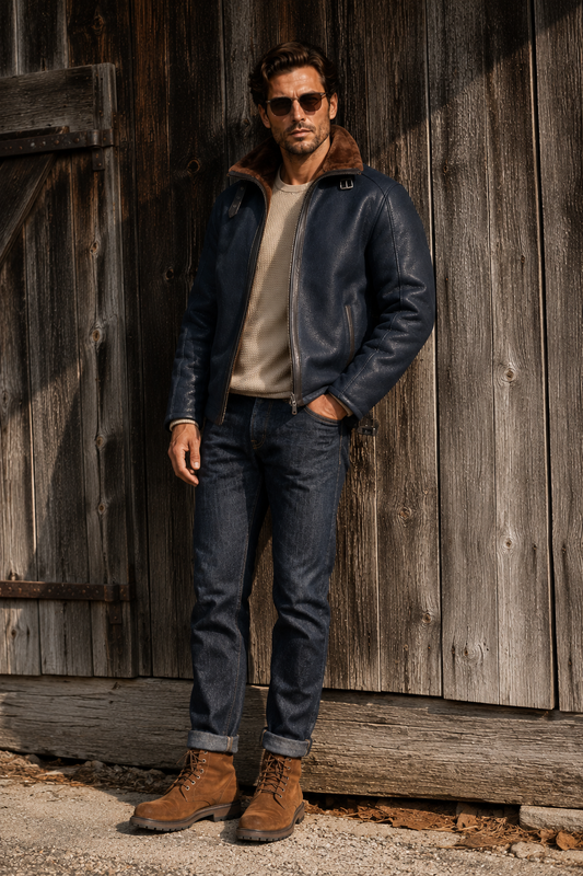 Harrison Shearling Jacket - Navy Blue