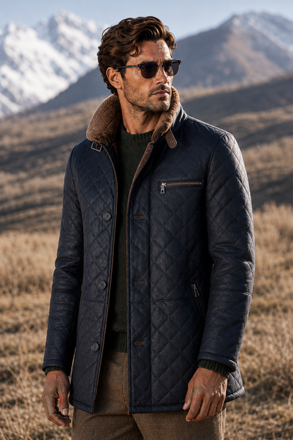 Hayes Shearling Coat - Navy Blue